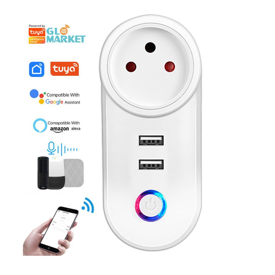Glomarket Tuya Smart Life Israel wireless smart plug with dual USB charging sockets, compatible with Alexa and Google Home